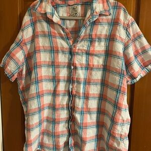 L.L. Bean Men's Plaid Shirt - Coral and Blue 100% Linen
